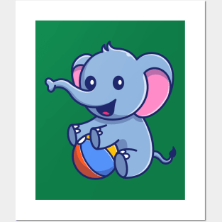 Cute Elephant Playing Ball Cartoon Posters and Art